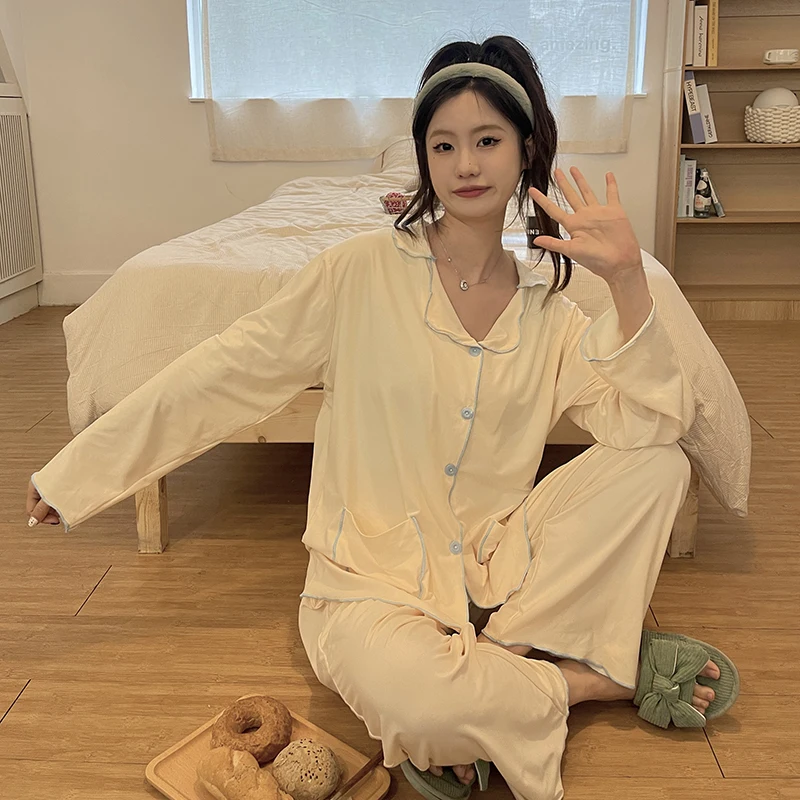 Spring new style pajamas women's long sleeve cotton like thin summer cotton like cute sweet lapel cardigan casual home suit