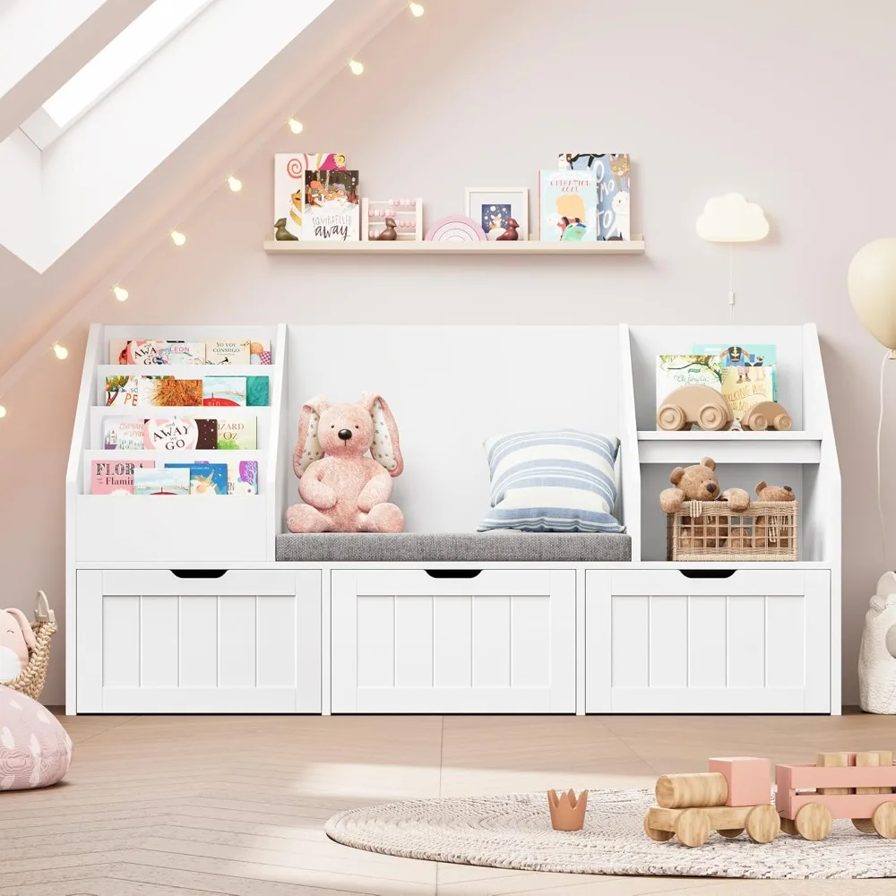 Kids Bookshelf with Reading Nook, Toy Storage Organizer with Seat Cushion and Movable Drawers, Kids Reading Nook Toy Organizers