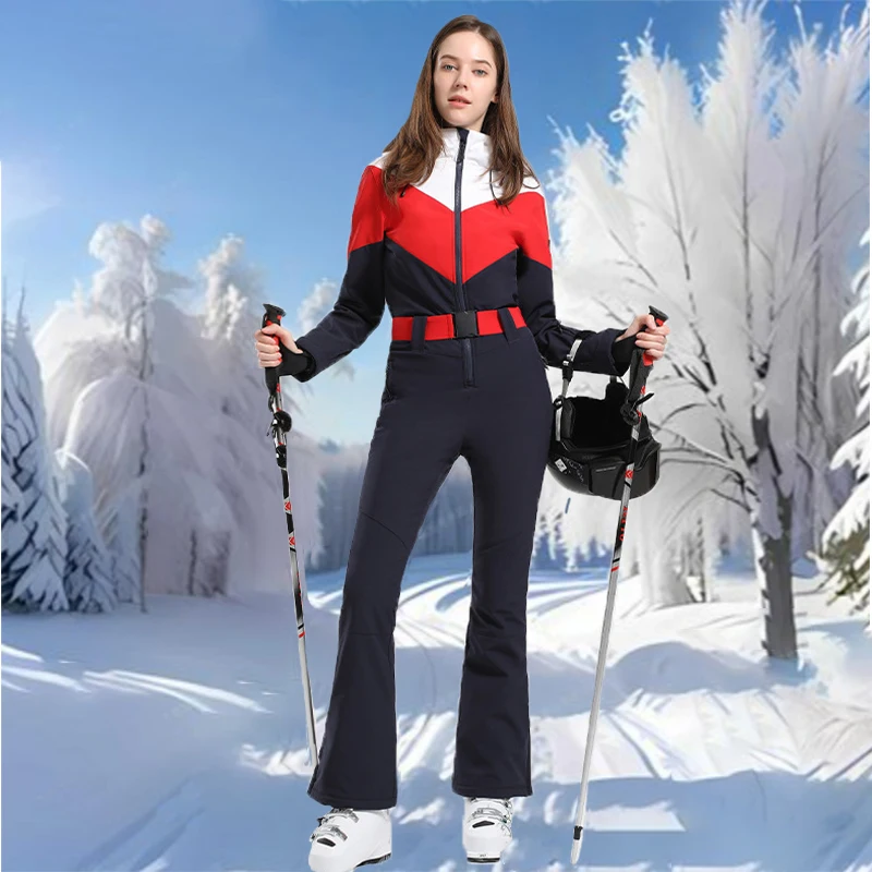 

2025 Winter Women New One-piece Ski Suit Female Snowsuit Woman Ski Sport Windproof Waterproof Hooded Clothes Mountain Skiing Set