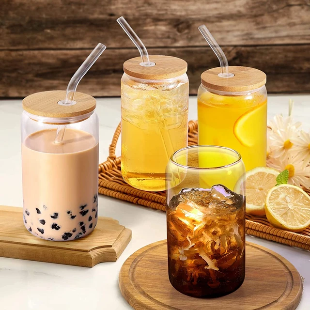 Glass Cups with Bamboo Lids and Glass Straw - Beer Can Drinking