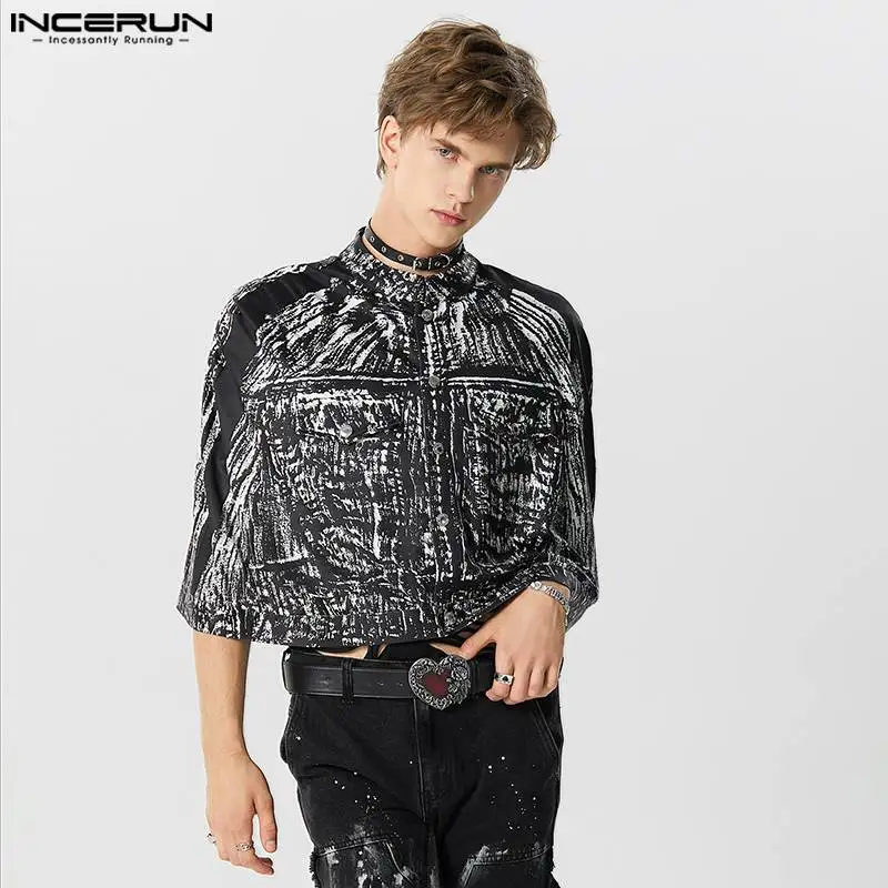 

INCERUN Топы 2023 в американском стиле, новинка, Мужская имитация джинсовой ткани, Винтажный дизайн, накидка, повседневный стильный мужской короткий плащ с принтом, Женский Тренч