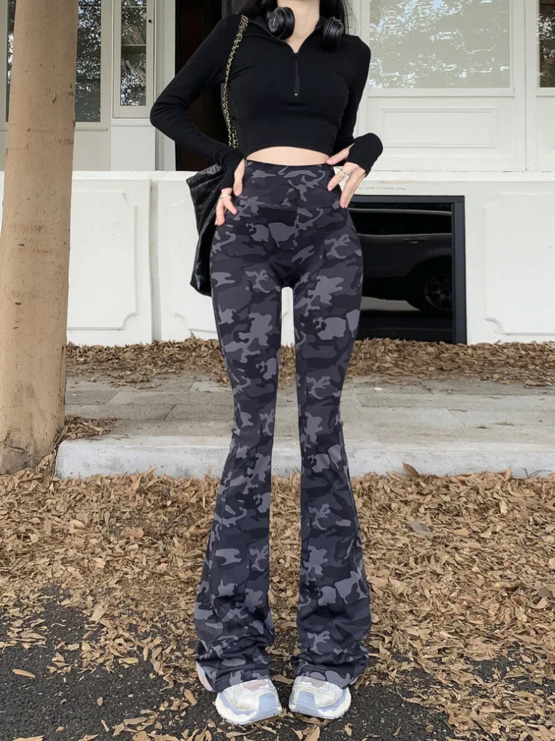BIVIGAOS 2026 Spring New Camouflage Micro Flared Leggings Women High Waist Slim Fit Fashion Camo Sport Yoga Elastic Flared Pants