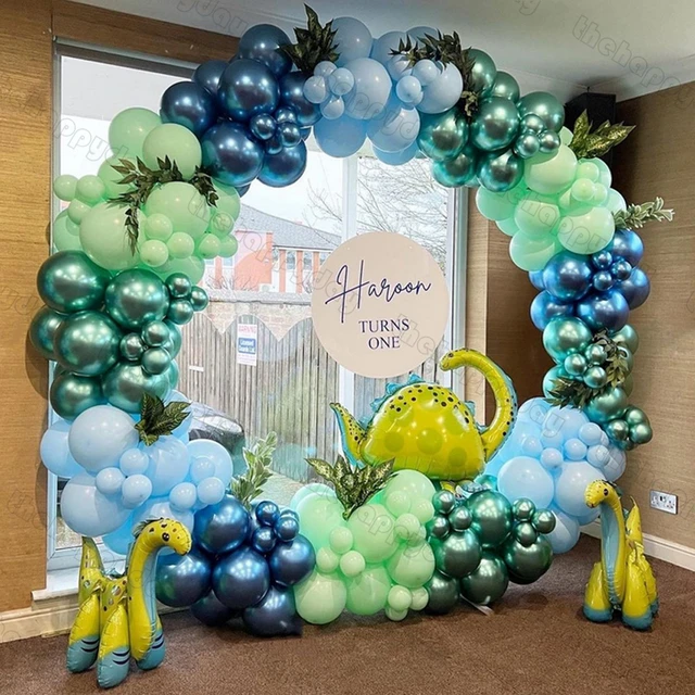 Pastel Green Blue Chrome Balloons Set Dinosaur Birthday Baby