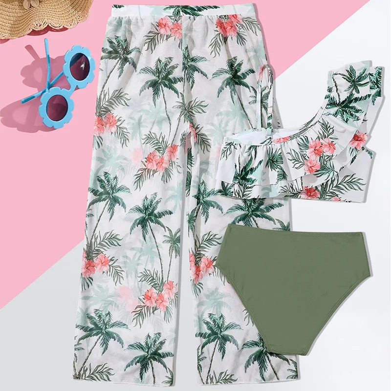 Girls 3 Pieces Palm Tree Print Bikini Sets with Pants High Waist Kids Swimsuit 7-12 Years Children Swimwear Ruffle Bathing Suit