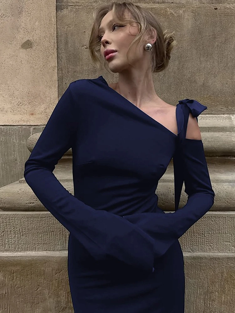 Nibber Full Flare Sleeve Dress Women Lace-Up Split Sexy Diagonal Collar Elegant Prom Party Stretch Slim Simple Solid Bodycon