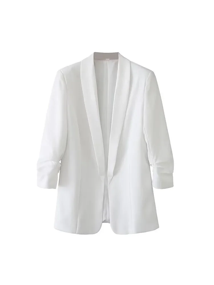 

Women 2023 Spring New Fashion Lmitation Hemp Cuff Fold Blazer Coat Vintage Long Sleeve Pockets Female Outerwear Chic Tops