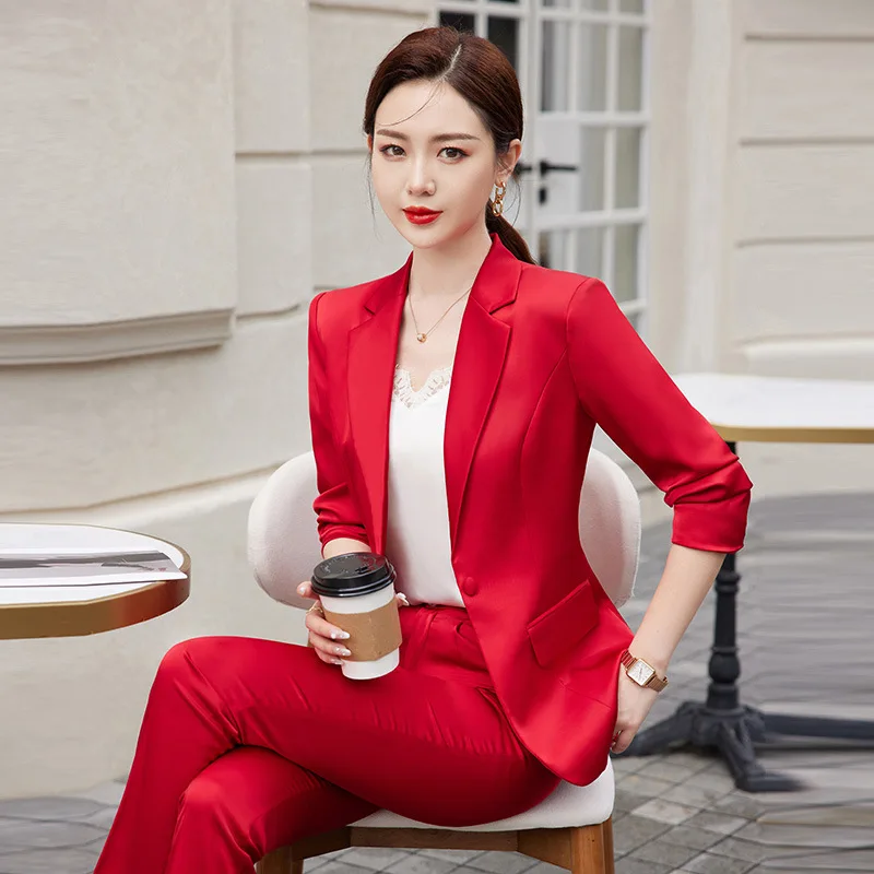 

89121Acetate Satin Red Small Suit Jacket Women's Thin 2024 Autumn and Winter New Simple Graceful Professional Tailored Suit Suit