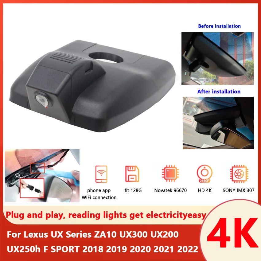 

4K Car DVR Dash Cam Camera WiFi APP Video Recorder For Lexus UX Series ZA10 UX300 UX200 UX250h F SPORT 2018 2019 2020 2021 2022
