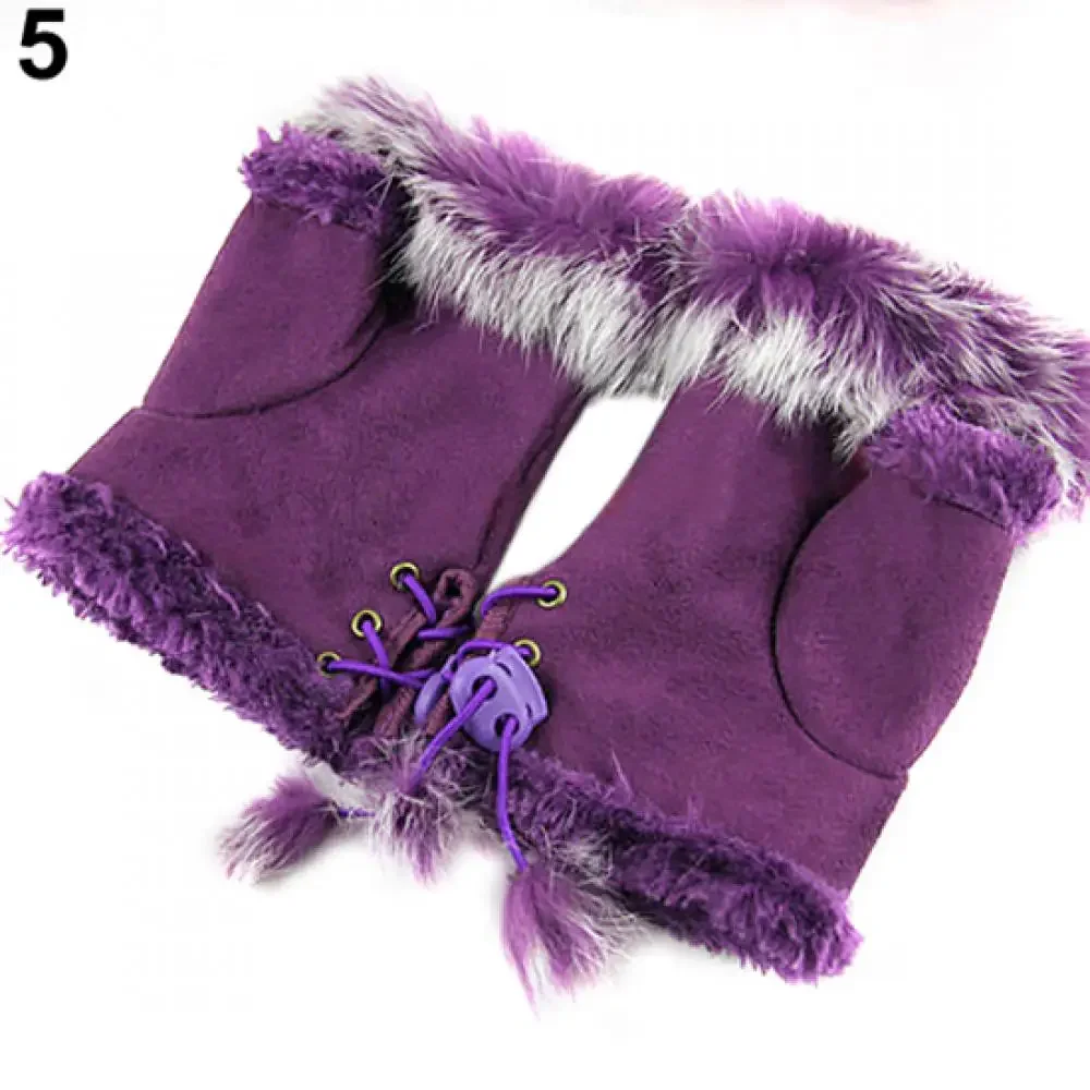 Faux Leather Gloves Winter Womens Faux Rabbit Fur Faux Leather Fingerless Mittens Wrist Gloves