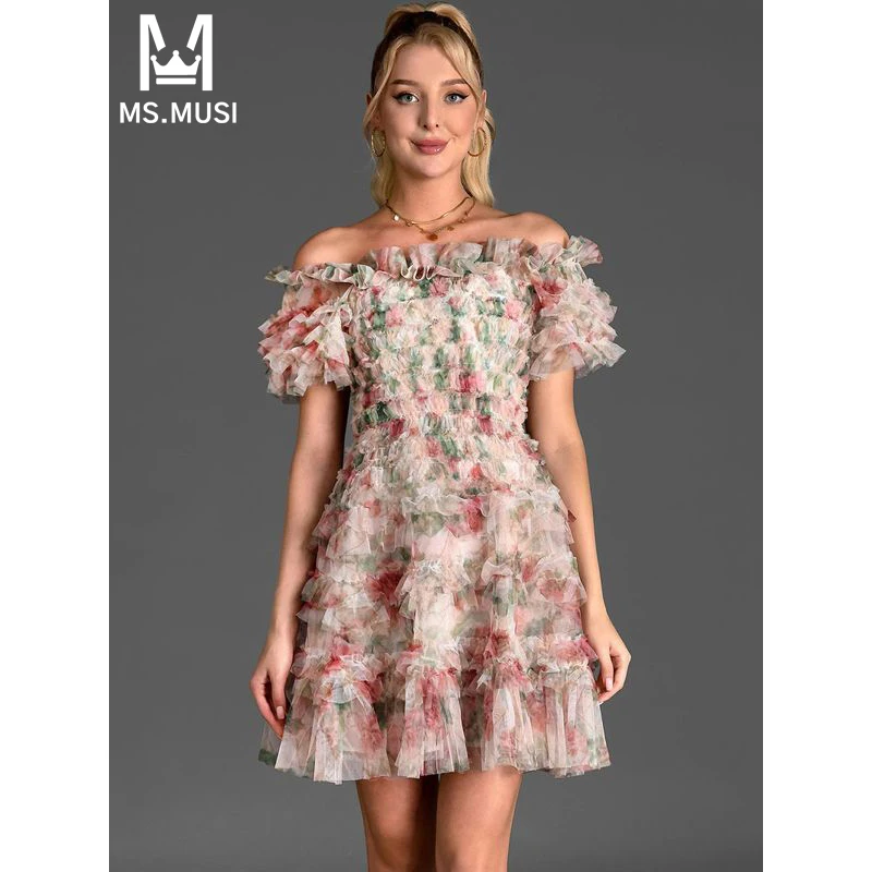 

MSMUSI 2024 New Fashion Women Sexy Off The Shoulder Floral Lace Falbala Ruffles Sleeveless Bodycon Party Club Event Mini Dress