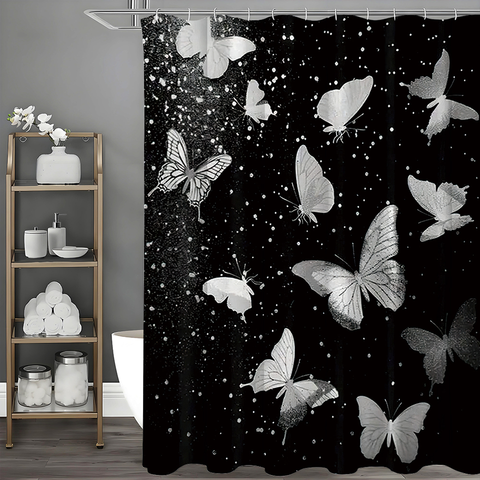 Butterfly Black White Shower Curtain, Bathroom Decorative Shower Curtain, Waterproof Shower Curtain with Hooks