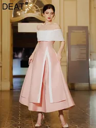 DEAT Elegant Dress Slash Neck Backless Pink Contrast Color Split Women's Evening Party Dress 2024 Spring New Fashion 13DB4429