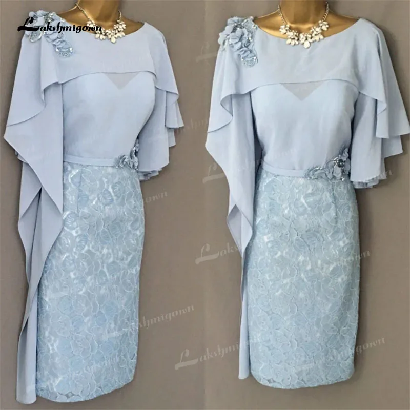 

Vestidos De Madrina Real Photos Sheath Mother of the Bride Dress Lace Chiffon Backless Knee-Length Ruffles Wedding Party Dresses