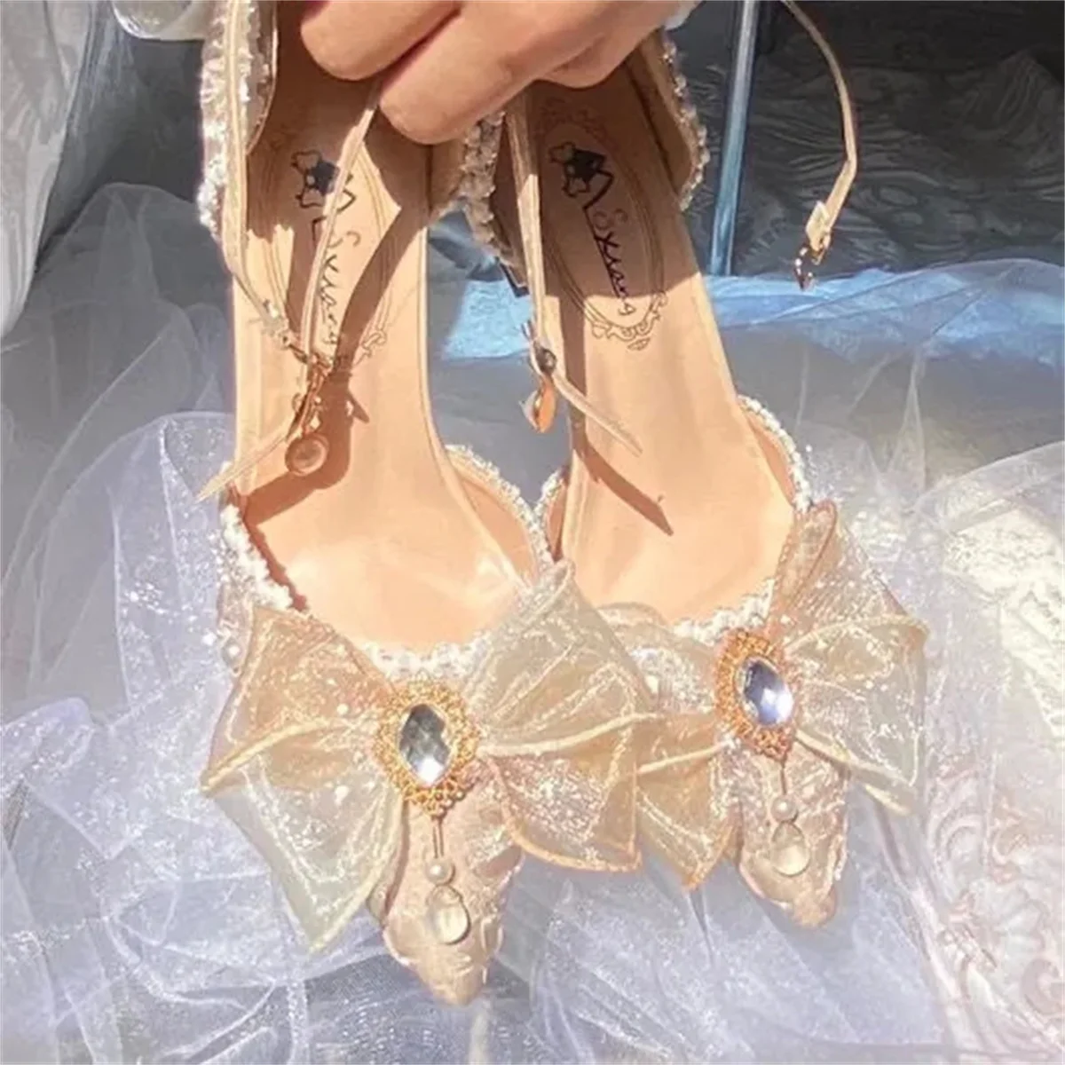 우아한 레트로 로리타 코트 스타일 코스프레 꽃 웨딩 소녀, 화려한 새틴 활 진주 보석 리본 꽃, 8.5cm 하이힐 신발