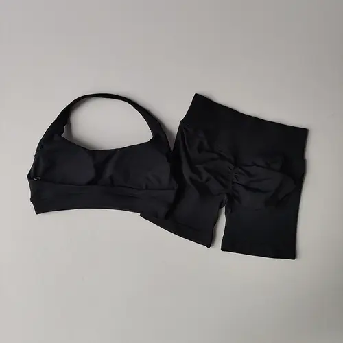 Sexy Halter Neck Beautiful Back High Waist Peach Sports Bras Shorts Suit Pilates Gathering Yoga Vest Training Fitness Bra Sets - Image 16