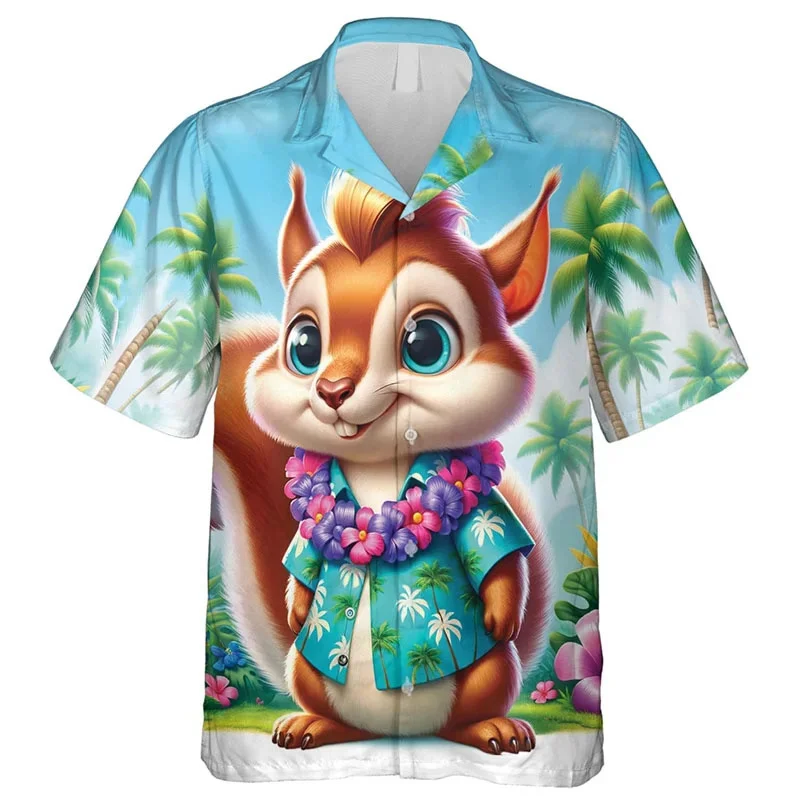 thumbnail image 1 of Camisa hawaiana con estampado de ardillas para hombre, camisas hawaianas con estampado de animales de dibujos animados en 3D, blusas casuales con solapa, blusas de manga corta para niños, 1 of 5