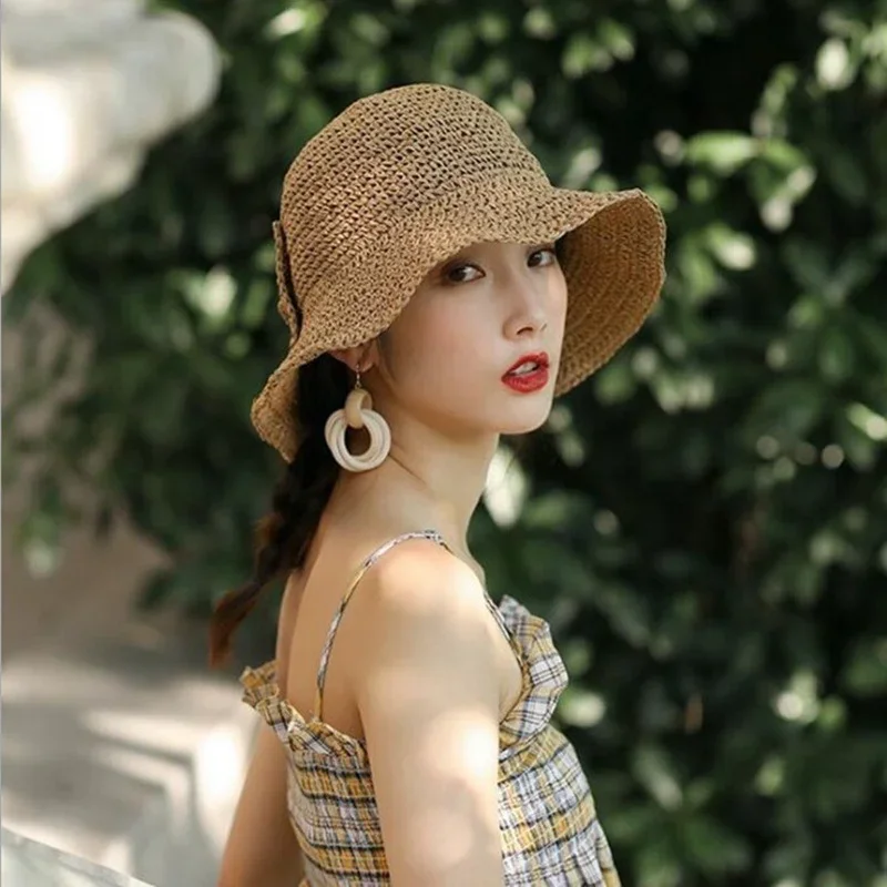 

2024 Ladies Straw Hat Female Bowknot Crochet Summer Basin Hat Foldable Beach Sun Hat Wide Brim Kids Princess Travel Sunshade Hat