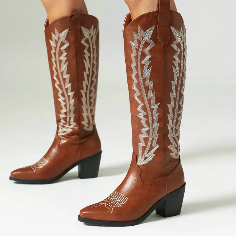 

Luxury Brand Dropshipping Brown Red Black Retro Women's Shoes Winter Warm Chunky Heels Knee-high Cowboy Western Emboridery Boots
