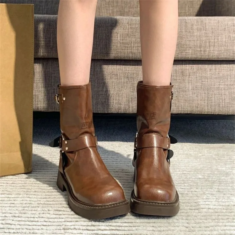 2024 New High Quality Women's Boots Autumn Winter Leather Short Boots Fashion Belt Buckle Shoes Slip on Thick Heels Boots Woman