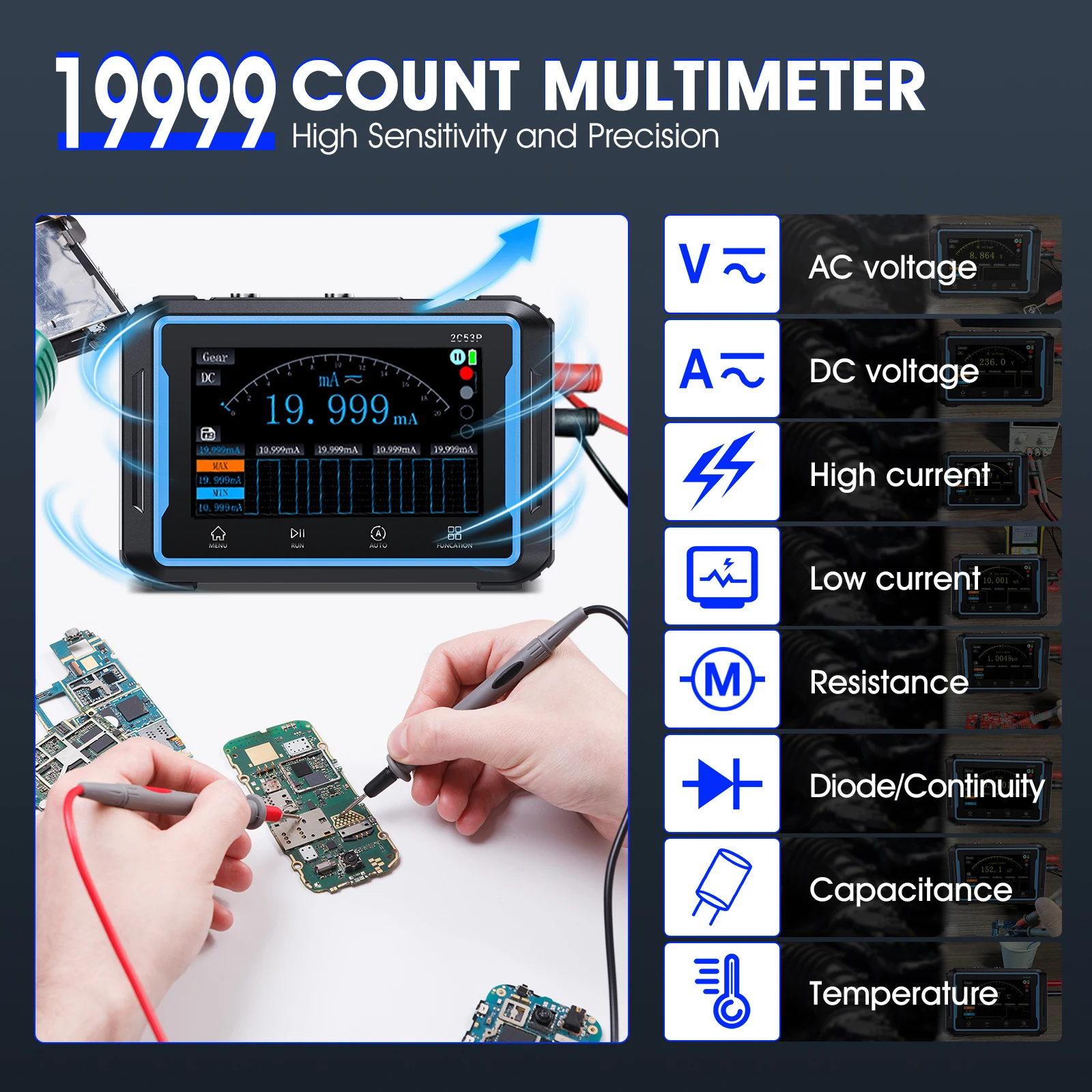 Handheld 2C53P Touch Screen Digital Oscilloscope+Multimeter+Signal Generator 3IN1 Dual Channel 50MHZ Automatic Osciloscópio Tool 4