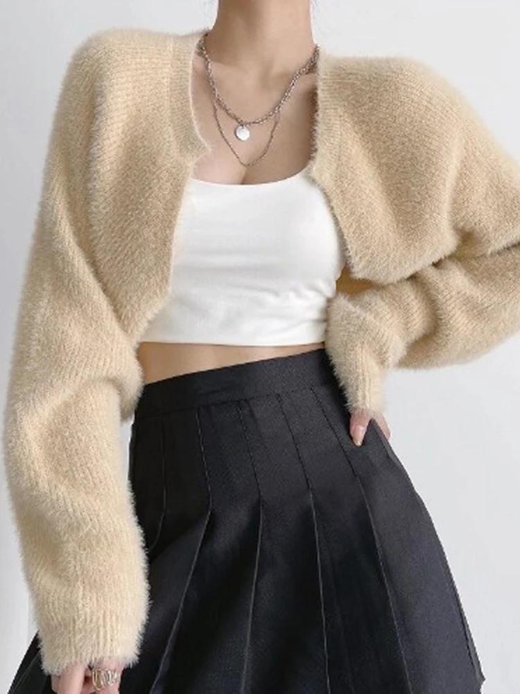 

Soft Crop Cardigan Women Elegant Knitted Sweaters Female Vintage Long Sleeve Knitwear Top Casual Loose Mohair Slim Cardigans