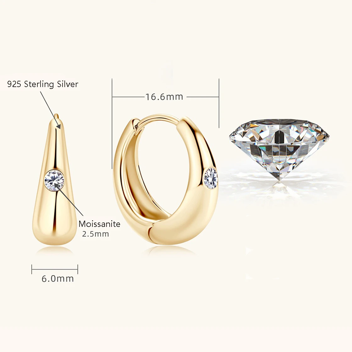Nabest Gold Plated Hypoallergenic 925 Sterling Silver Moissanite Chunky Huggie Hoop Earrings for Women High quality Fine Jewelry
