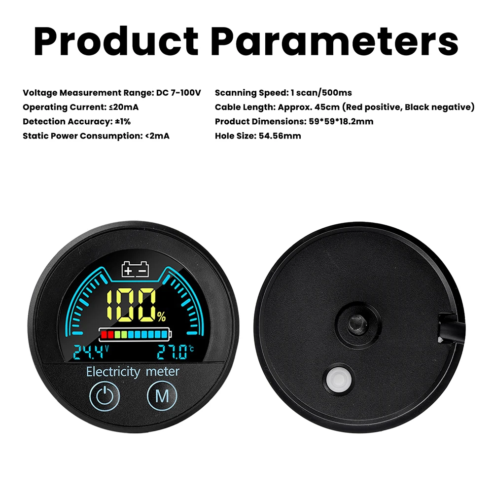 DC 7-100V 방수 원형 LED 디지털 전압 및 충전 수준 표시기 자동차 오토바이 보트용 2선식 전압계 테스터