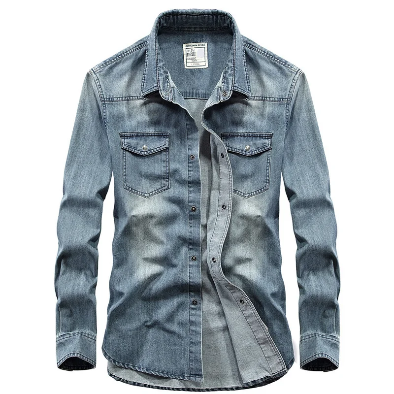 Autumn Denim Shirt Men Long Sleeves Turn Down Collar Covered Buttons ...