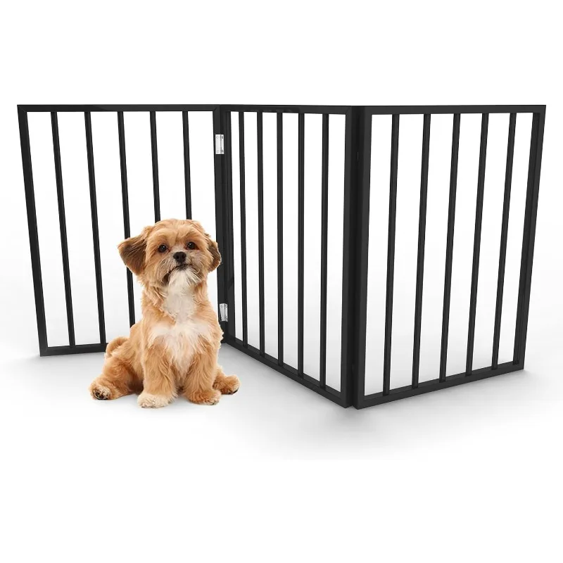 

Pet Gate - 3 Panel Indoor Foldable Dog Fence for Stairs, Hallways, or Doorways - Retractable Wood Freestanding