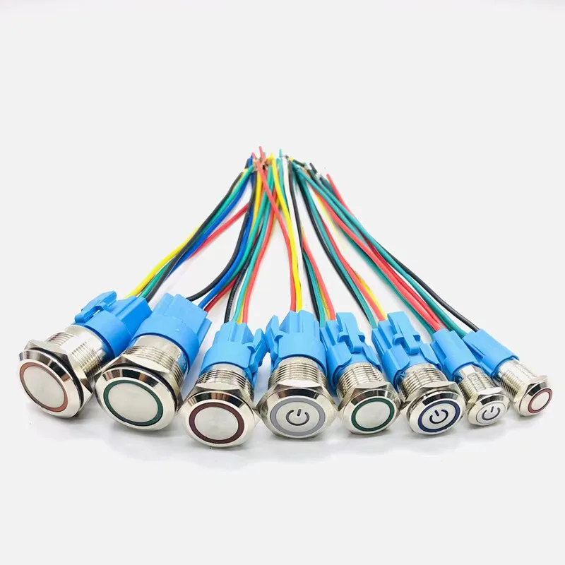 연결 와이어가 있는 방수 금속 단추 스위치, LED 조명, 엔진 시동 정지 스위치, 즉시 잠금, 12mm, 16mm, 19mm, 5 개