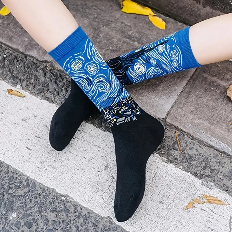 Oil Painting Socks 1 Pair Women Retro Abstract Oil Painting Art Sock Shout Modern Van Gogh Starry Night Happy Oil Painting Comfort Skateboard Socks