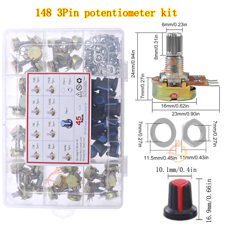 45Pcs WH148 Single Potentiometer Assorted Kit B1K/5K/10K/20K/50K/100K/500K/1M with knobs Single potentiometer set Shaft Nuts