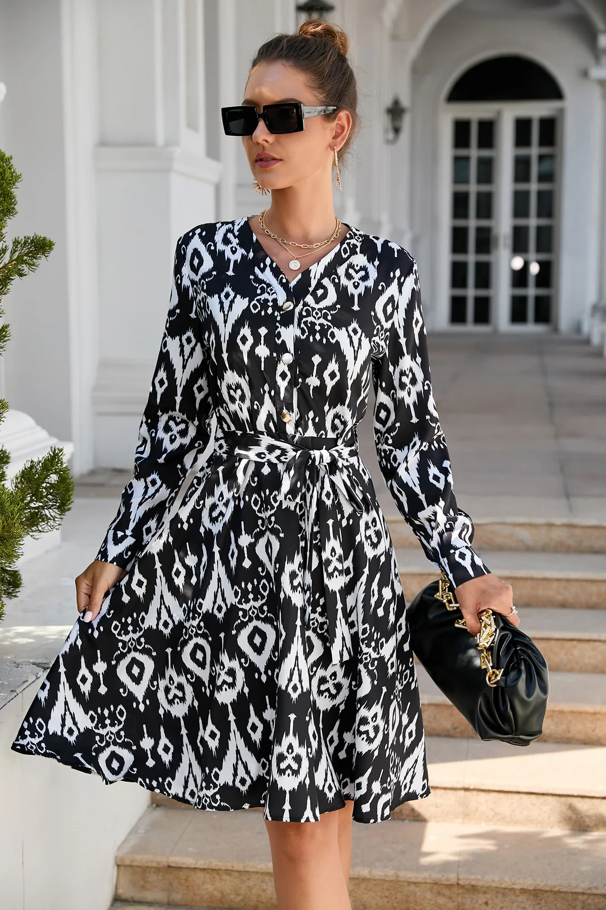

Summer New European And American Fashion Casual Women's Long Dress Printed Long Sleeve Multicolor Pattern Swing Dress