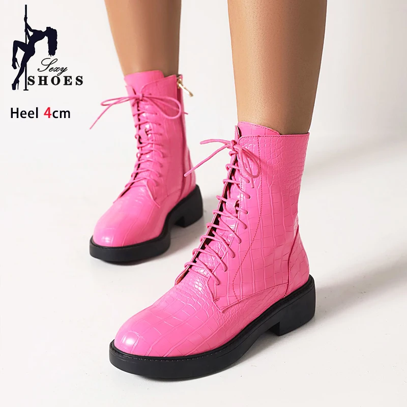 4CM Heel Women Outdoors Non-Slip Short Boots Autumn And Winter Lace-up Casual Shoes Plus Size Female Zip Leather Ankle Booties