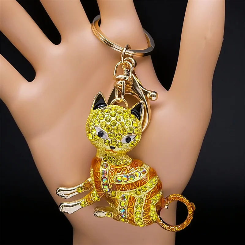 Schöne Katze Kristall Keychain für Frauen/Männer Metall Bunte Strass Pet Liebhaber Schlüsselbund Tasche Zubehör Schmuck llaveros KXHKS01 – Detail 4