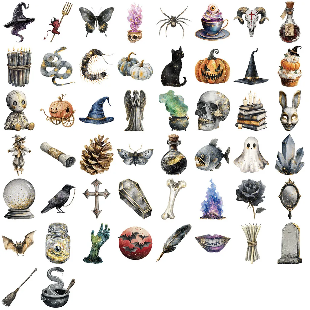 50개 레트로 수채화 할로윈 스티커 - PET 방수 장식 데칼 (DIY 휴대폰 케이스, 물병 및 여행 가방용)