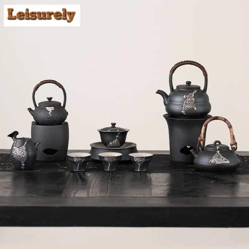 Japanese Crude Pottery Handmade Alum Black Teapot Warmer Ceramic Retro Tea Stove Candle Holder Kettle Holder Tea Stove Tea Set