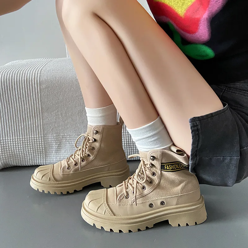 Women's Boots Canvas Uppers Wear-resistant Soles Breathable Trend Ladies Casual Sneakers Comfortable Thick-soled Outdoor Boots