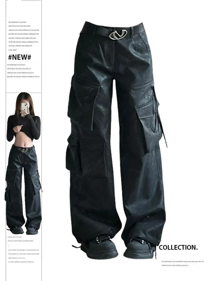 パンツ 1990's archive leather cargo pants y2k jupkem Men's Baggy Jeans Y2k Goth Vintage Wide Leg Pants