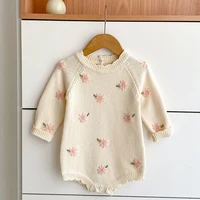 Barboteuse tricotée pour bébé fille de 0 à 2 ans, broderie florale, col à volants, manches longues, combinaison pour enfant en bas âge, printemps-automne 1
