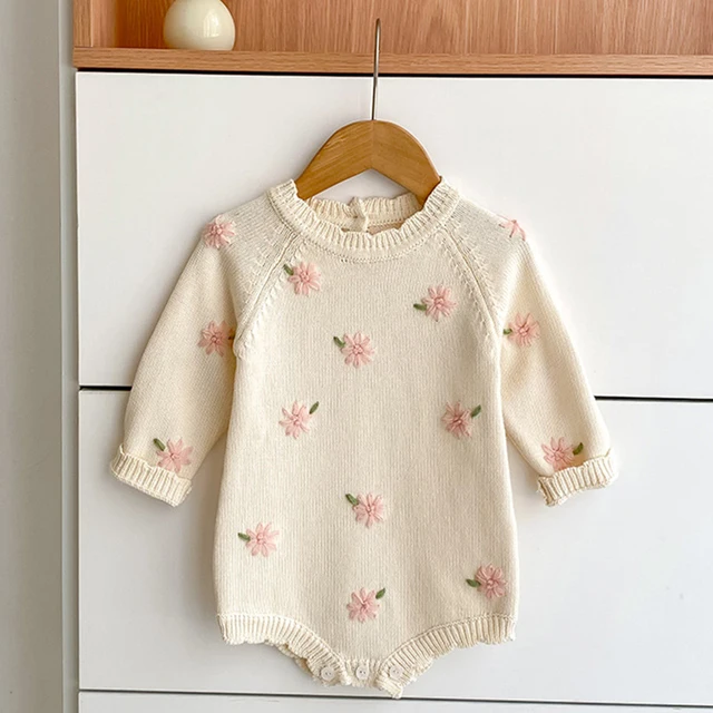 Barboteuse tricotée pour bébé fille de 0 à 2 ans, broderie florale, col à volants, manches longues, combinaison pour enfant en bas âge, printemps-automne 1