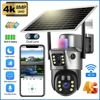 4K 8MP 4G Sim Solar Camera Outdoor Dual Lens Wireless WiFi Surveillance IP Camera PIR Human Detection Solar Security CCTV Cam 1
