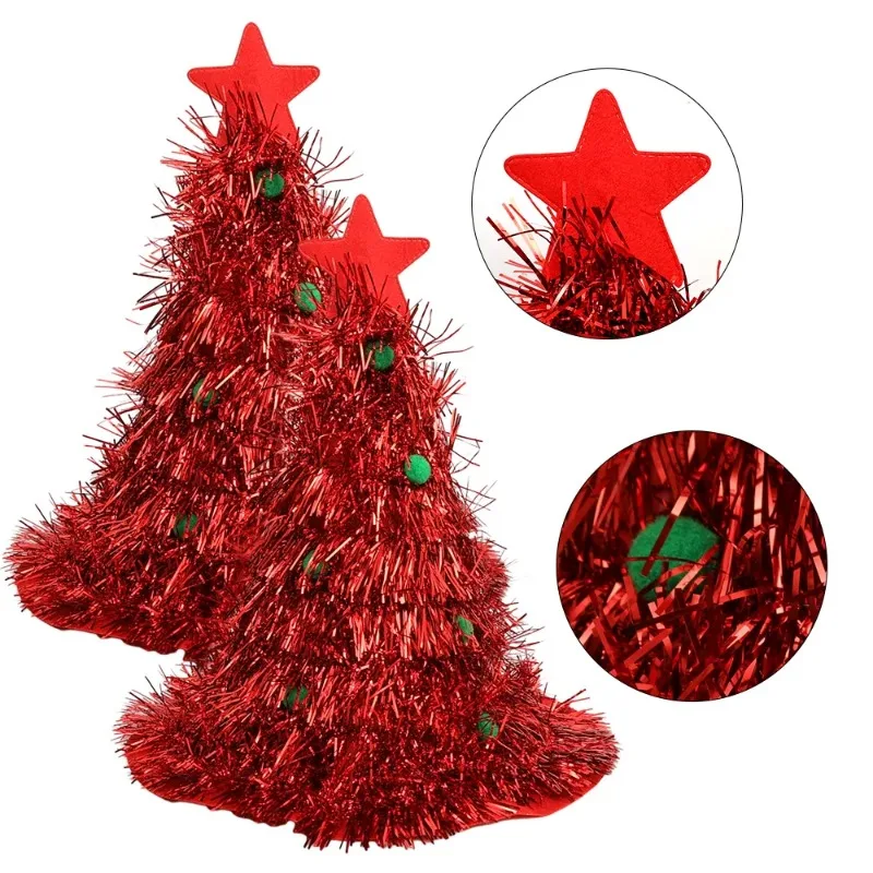 Christmas Tree Hats Fabric Rain Silk Hat for Adults Kids Funny Santa Hat with Tinsel Xmas Holiday Party Costume New Year Decor