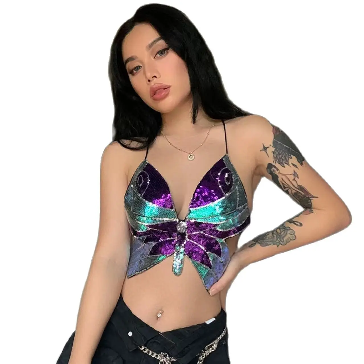 

Belly dance sequins butterfly bra DS nightclub stage bar top dance European and American sequins performance performance bra
