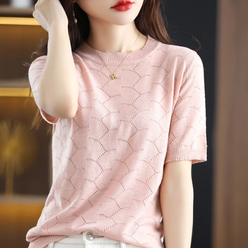

High Quality New Women O Neck Short Sleeve Worsted Wool Hollow Pullover Solid Color