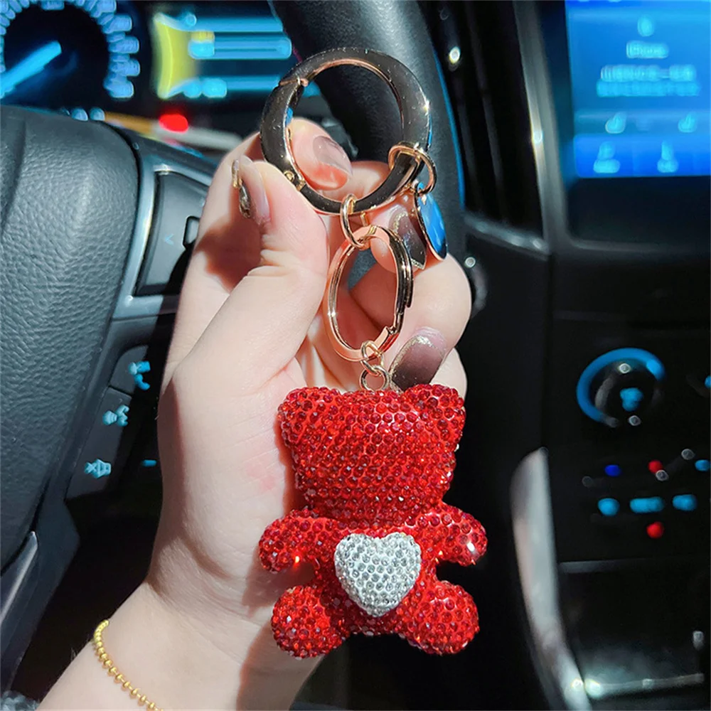 Full Diamond Love Teddy Bear Portachiavi Crystal Metal Large Ring Cute Cartoon Doll Portachiavi Borsa Zaino Pendenti Ragazze Piccoli Regali