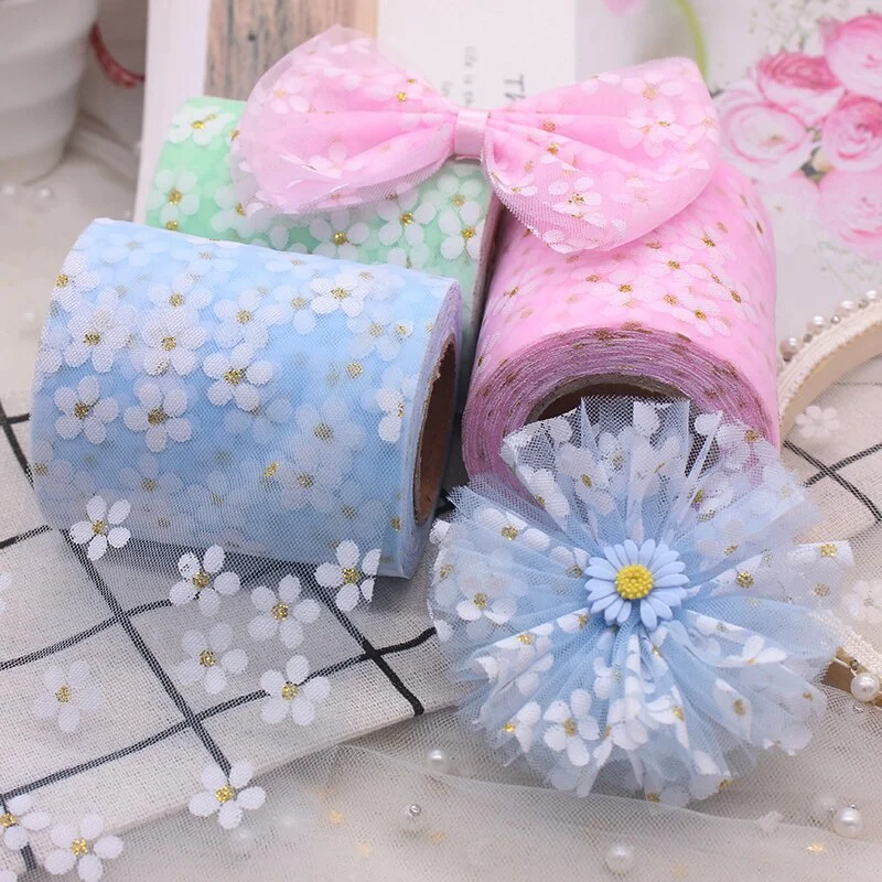 꽃무늬 얇은 명주 그물 데이지 리본 롤, 선물 활 포장용 DIY 공예 리본, 벚꽃 인쇄 메쉬 원단 용품, 6cm, 5 야드