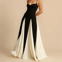 Contrast Sling Large Hem A Line Dress For Women Elegant Patchwork Slip Maxi Robe Female  Fashion Sexy Evening Lady Long Vestidos 1