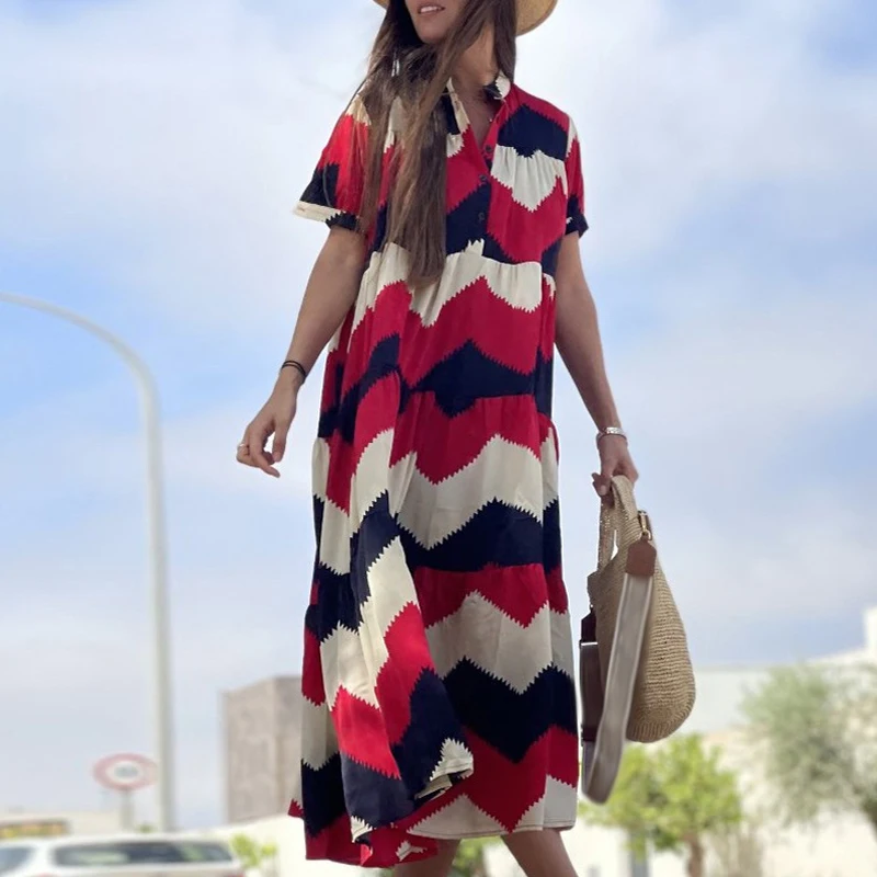 

Women Clothing Holiday Dresses 2023 Summer Loose Shirt Short Sleeve Printed Dress Fashion Beach O-Neck Button Swing Long Dress