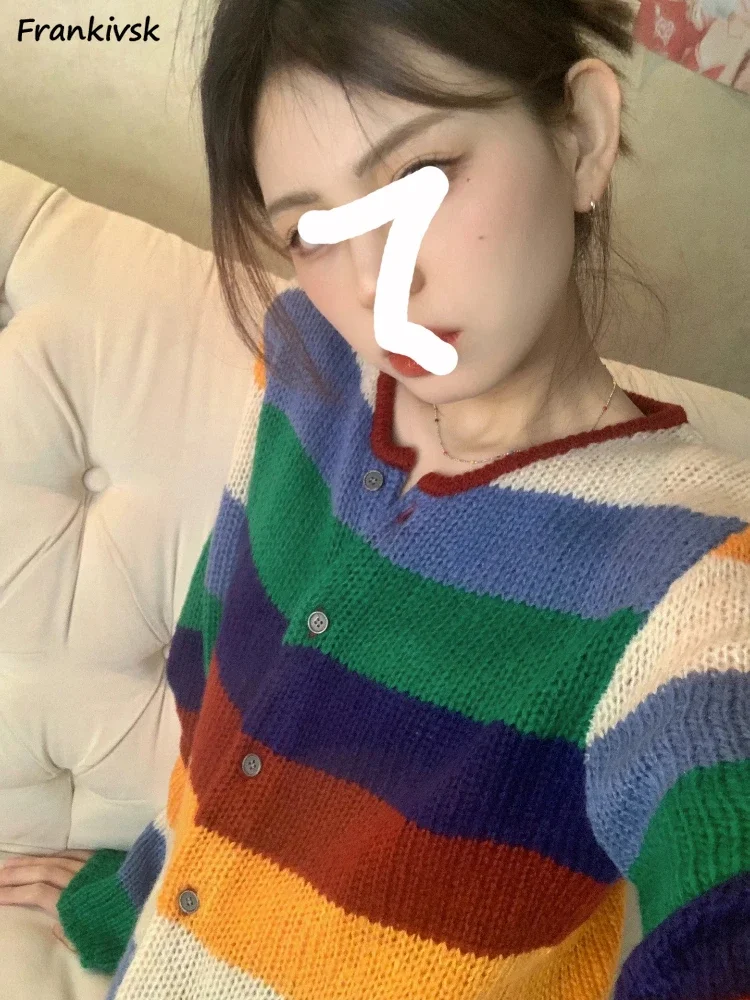 

Colorful Cardigan Women Striped Hotsweet American Style Girlish Daily Stretchy Retro Panelled Knitting Soft Stylish Dopamine